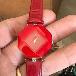 Red Geometric Watch with Leather Strap